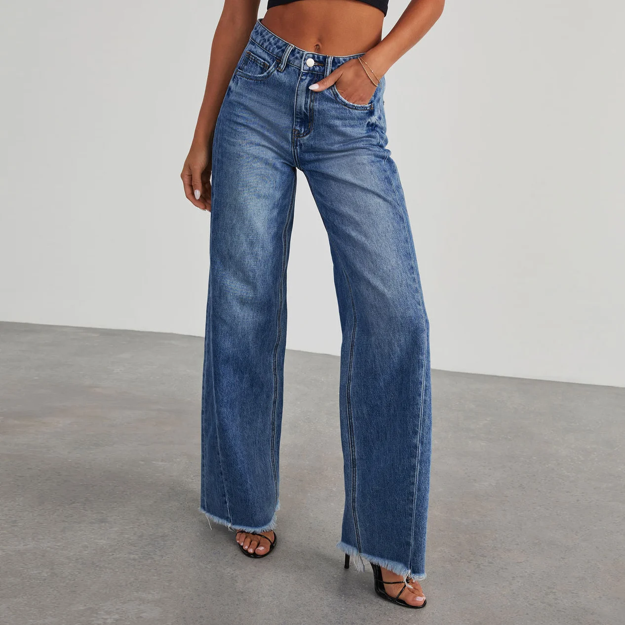 Fashion High Waist Jeans with Pockets Comfortable Slim Fit Straight Wide-leg Pants Womens Clothing