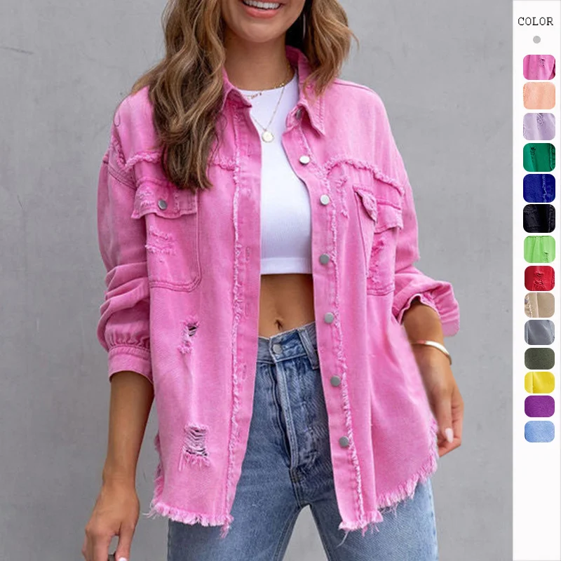 Fashion Ripped Shirt Jacket Female Autumn and Spring Casual Tops Womens Clothing