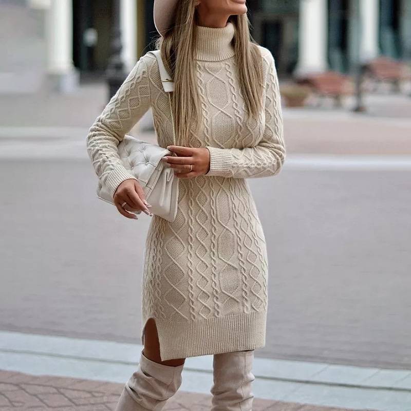 Fashion Turtleneck Knitted Dress with Slit Design Winter Warm Solid Color Pullover Long Sweater Women's Clothing