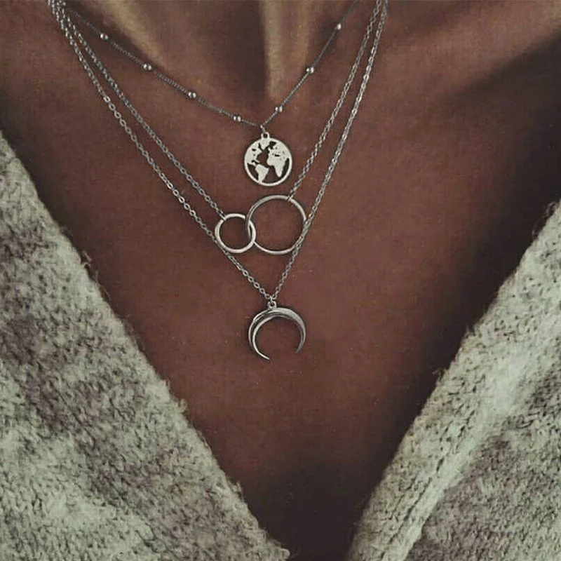 Multilayer Boho Moon Map Alloy Necklace with Ring