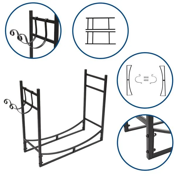 Black powder‑coated firewood stand with integrated tool hooks, sturdy steel