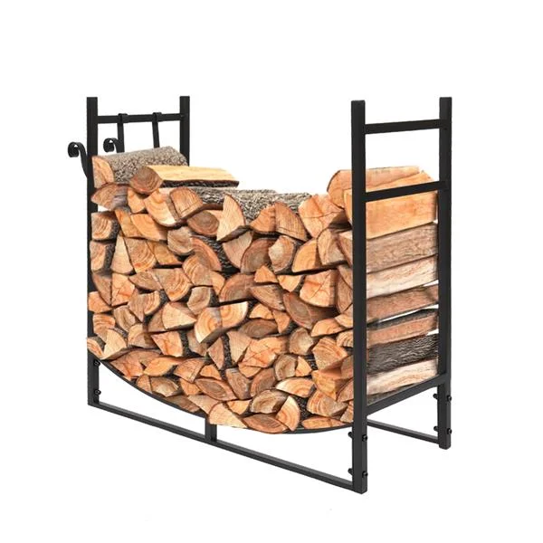 Black powder‑coated firewood stand with integrated tool hooks, sturdy steel