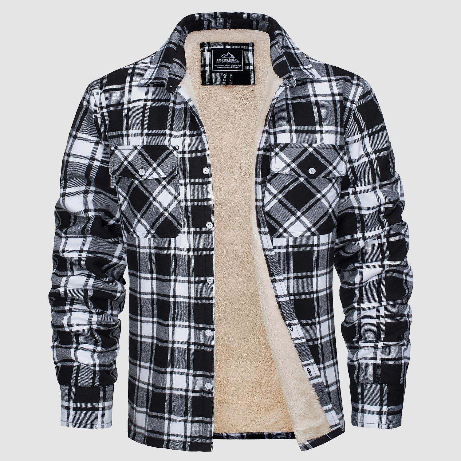 Plaid fleece‑lined long‑sleeve jacket with lapel for men – loose fit, black & white pattern