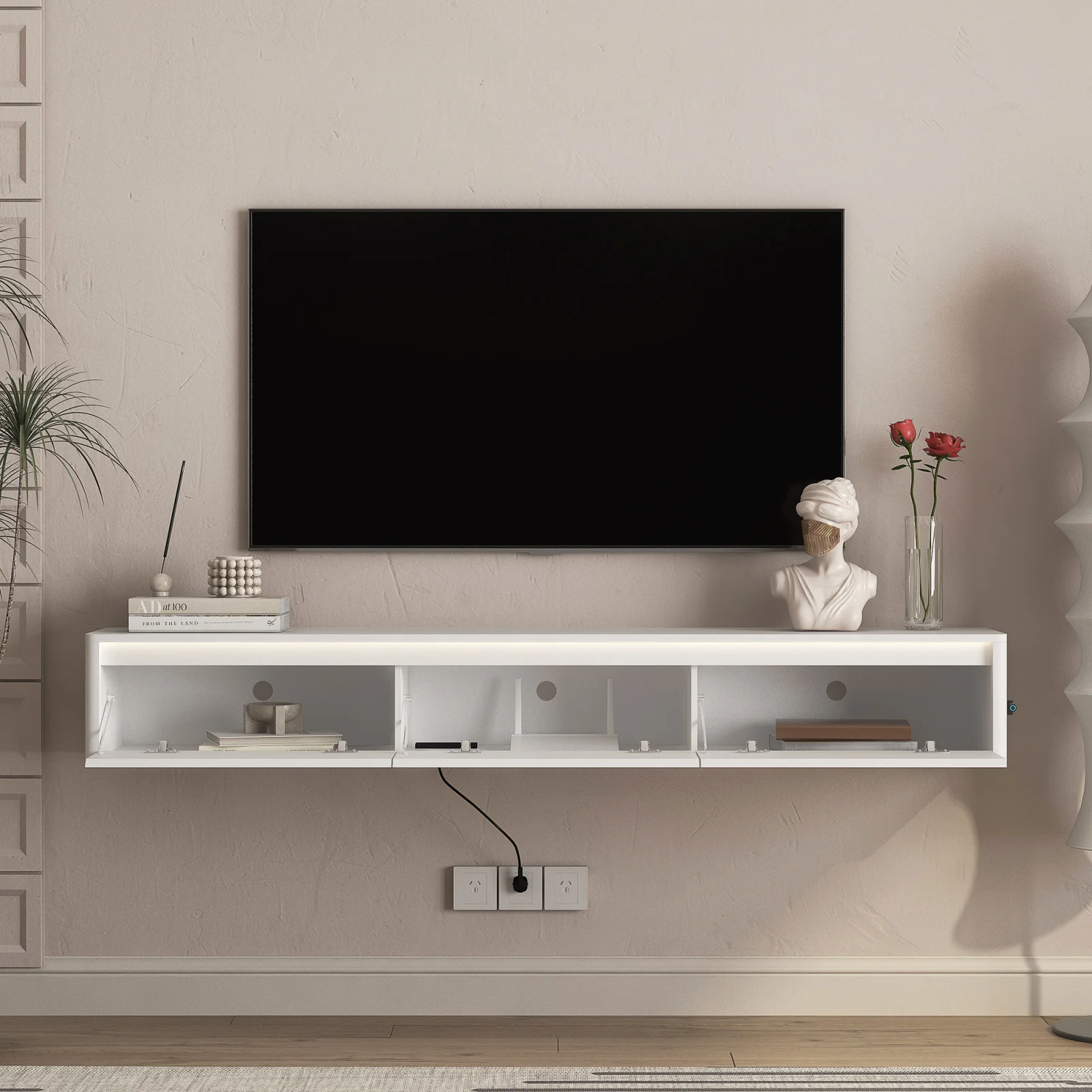 Floating Tv Stand, Wall Mounted Tv Shelf with Led Lights & Power Outlet,cabinet for White Tv Stands for Living Room