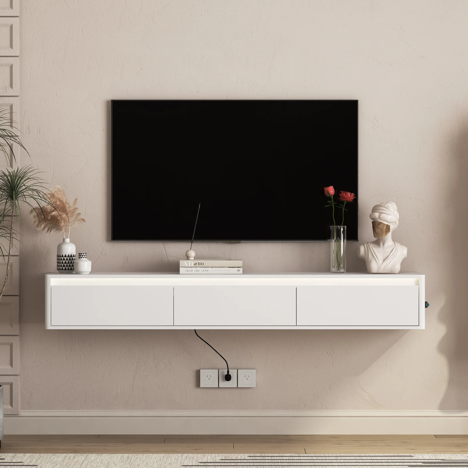 Floating Tv Stand, Wall Mounted Tv Shelf with Led Lights & Power Outlet,cabinet for White Tv Stands for Living Room