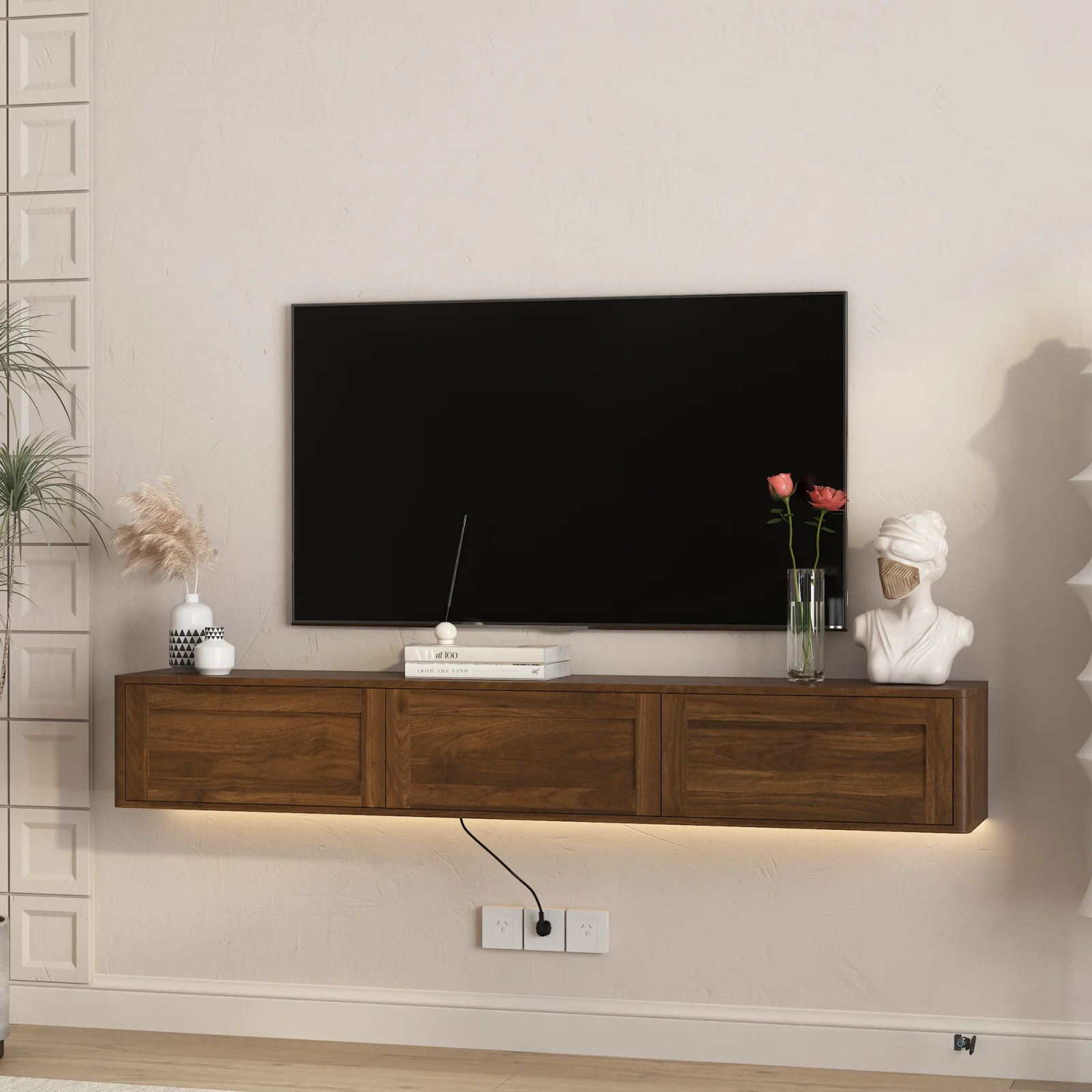 Floating Tv Stand, Wall Mounted Tv Shelf with Led Lights & Power Outlet,high Gloss Tv Cabinet for Wood Tv Stands for Living Room