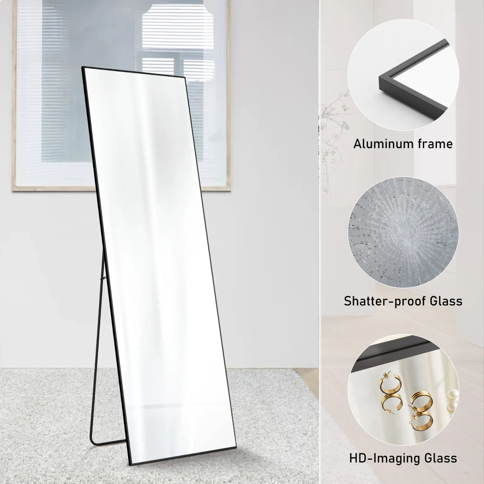 Floor Standing Mirror, Wall Mirror with Stand Aluminum Alloy Thin Frame
