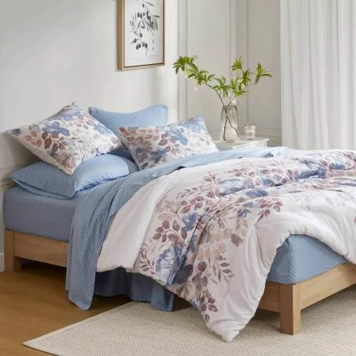 Floral Comforter Set with Bed Sheets Blue Queen