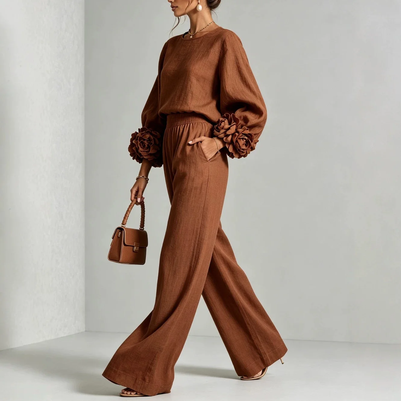 Floral Cuff Top and Wide Leg Pants Set - Women's Casual Two Piece Outfit with Loose Fit Trousers