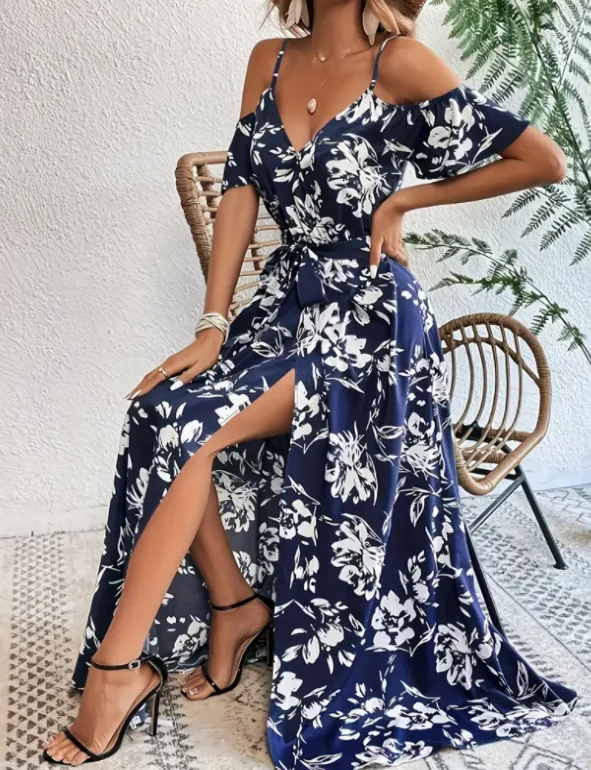 Flower Print Split Suspender Dress with Lace-up Design Summer Fashion Long Dresses Beach Clothing for Women