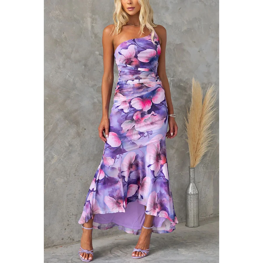 Flowers Print One-shoulder Dress Summer Ins Casual Suspender Long Dresses Womens Clothing