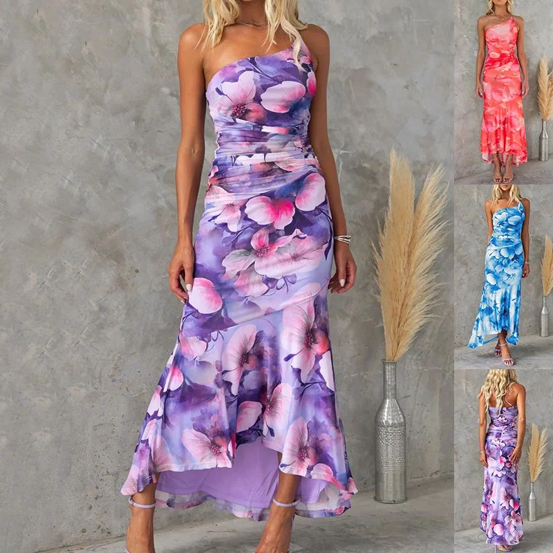 Flowers Print One-shoulder Dress Summer Ins Casual Suspender Long Dresses Womens Clothing