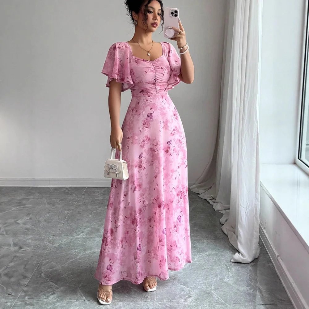 Flowers Printed Lotus Sleeve Dress Summer Elegant Slim Dresses Women's Clothing
