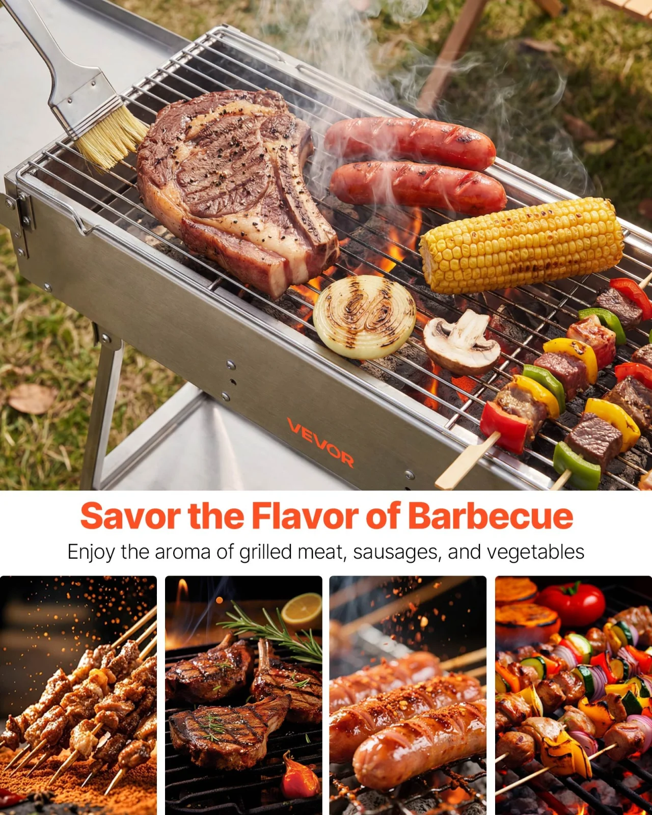 Foldable 250 sq.in. Charcoal Grill with Liftable Tray & Side Tables – Portable Stainless Steel BBQ for Camping & Backyard Parties