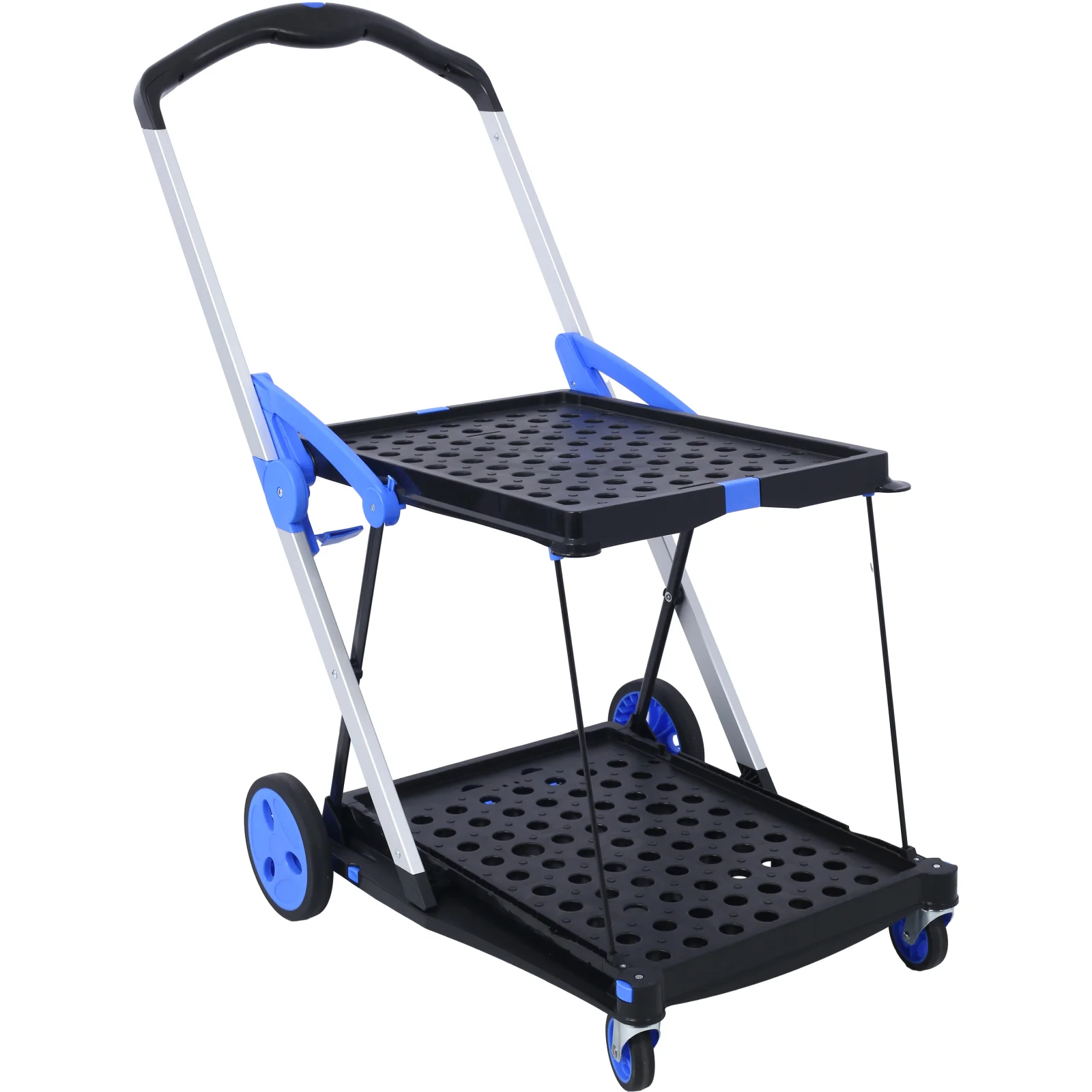 Foldable Utility Cart, Multi-purpose Functional Foldable Shopping Cart 2 Tiers Foldable Cart with Basket