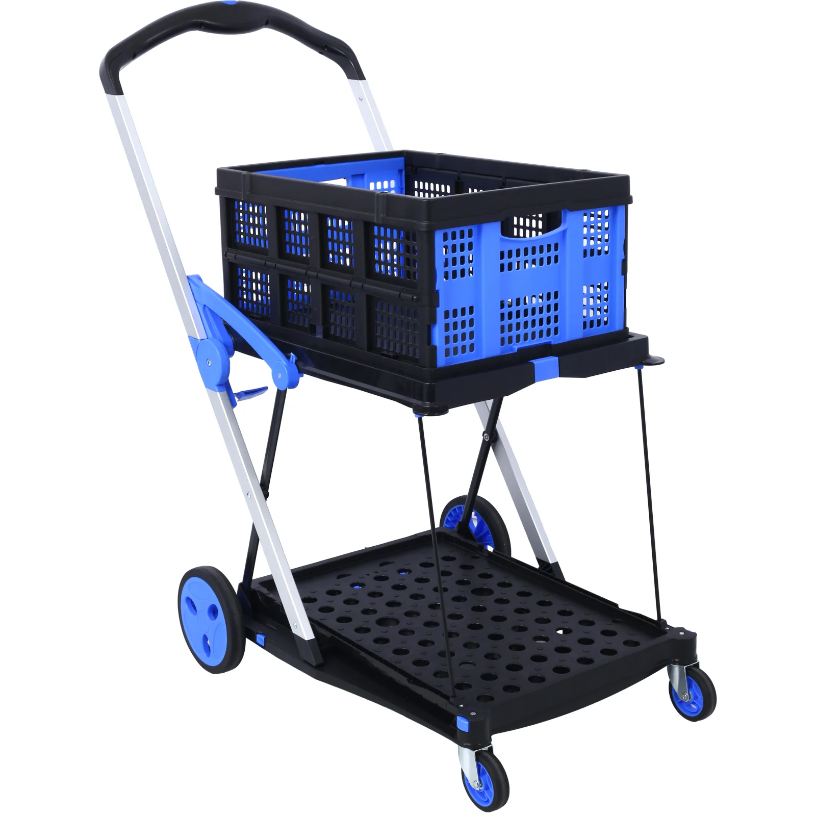 Foldable Utility Cart, Multi-purpose Functional Foldable Shopping Cart 2 Tiers Foldable Cart with Basket