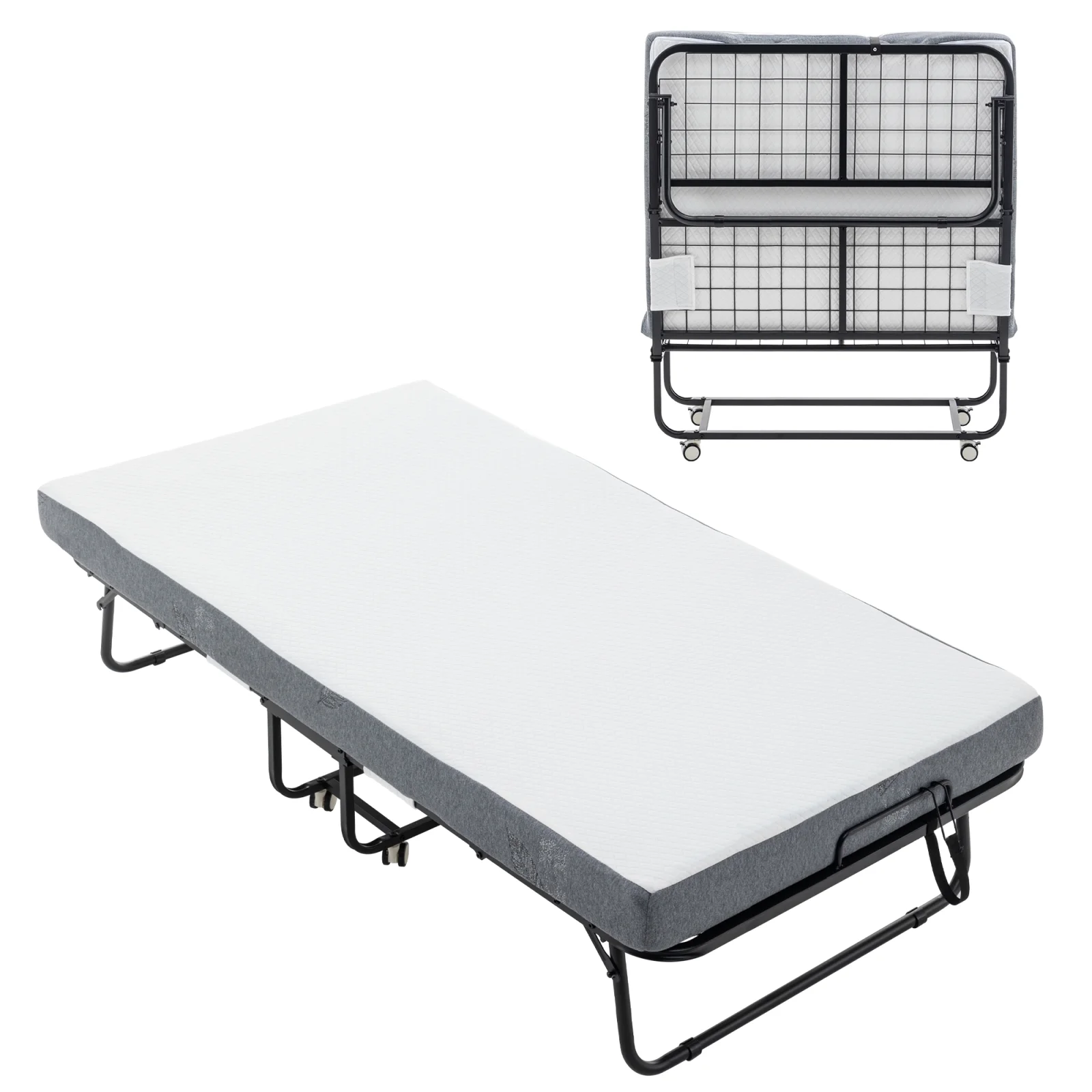 Folding Bed Cot with Mattress for Adults, Foldable Metal Frame Bed for Guest with Memory Foam Mattress on Wheels, Saving Space Rollaway Bed