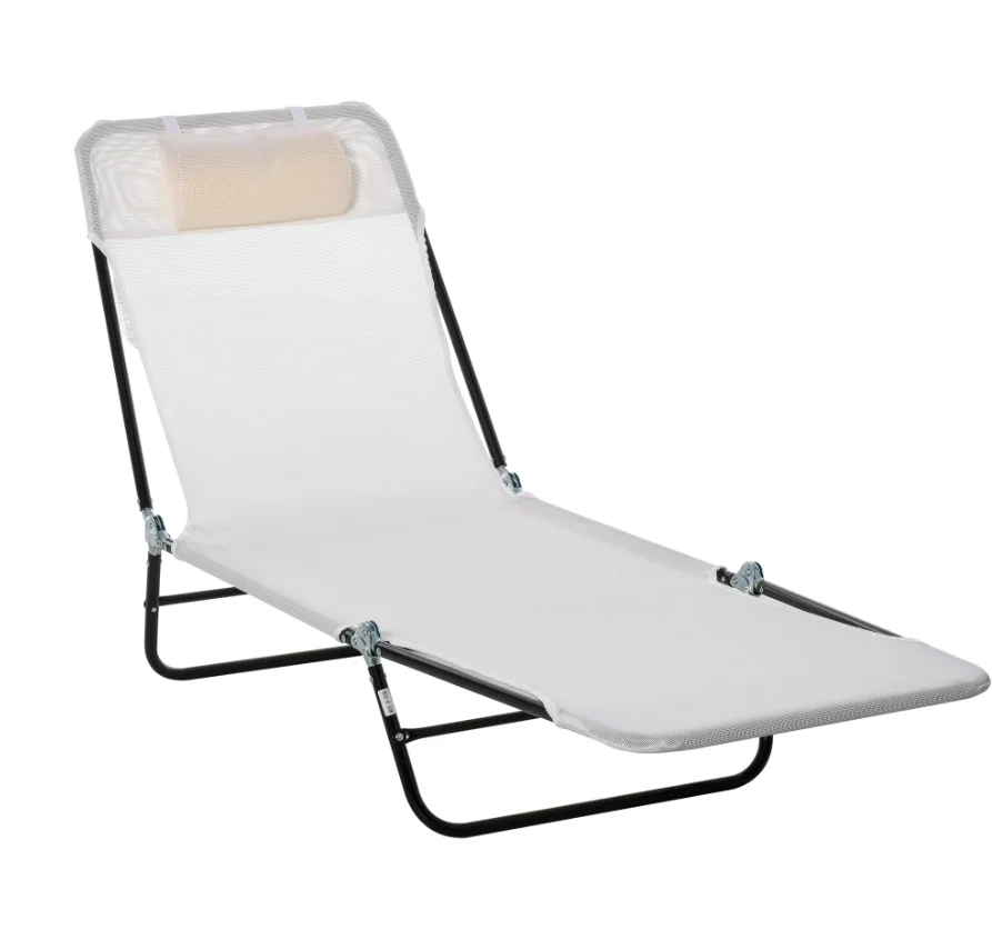 Folding Chaise Lounge Chair, Cream White, 5-level Adjustable with Headrest, Breathable Mesh for Beach & Patio