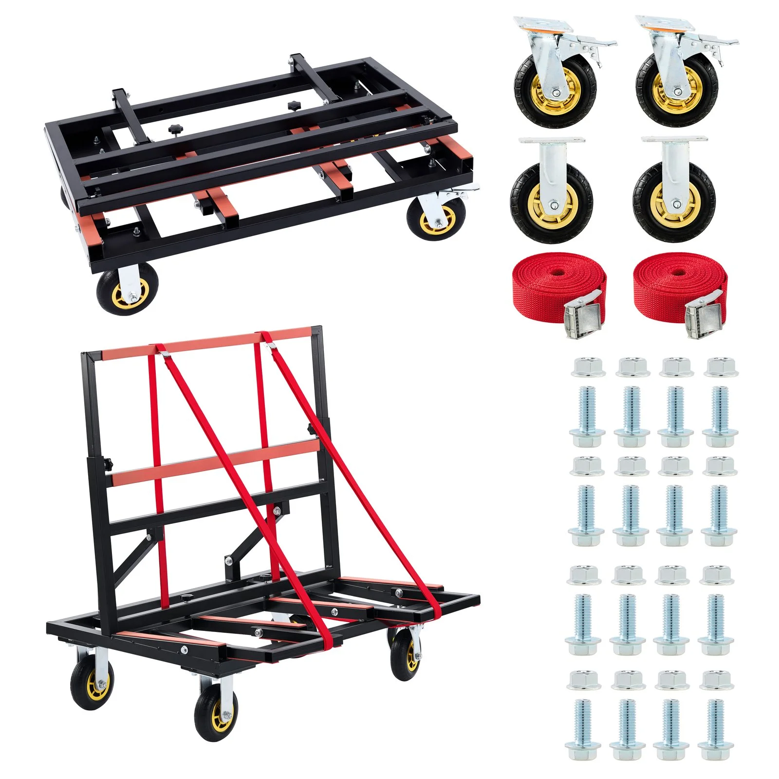 Folding Drywall Dolly with 4x6 Casters, 2000 Lbs Load Capacity, Expandable Deck and Back Frame, Portable Panel Cart for Versatile of Handling Plywood, Plasterboard, Glass with 2pcs Tie-down Strapp