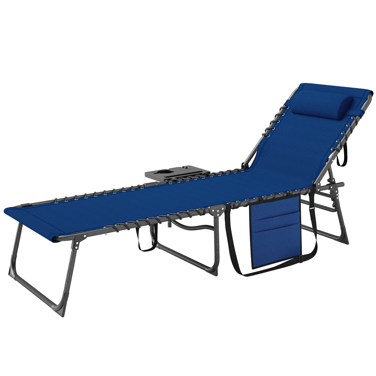 Folding Outdoor Chaise Lounge Chair Tanning Chair with 5-level Adjustable Back, Side Table, Pillow, Pocket, Dark Blue