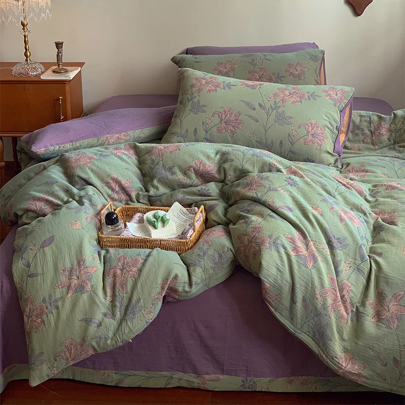 French Yarn-dyed Jacquard Double-layer Yarn Cotton Gauze Four-piece Set