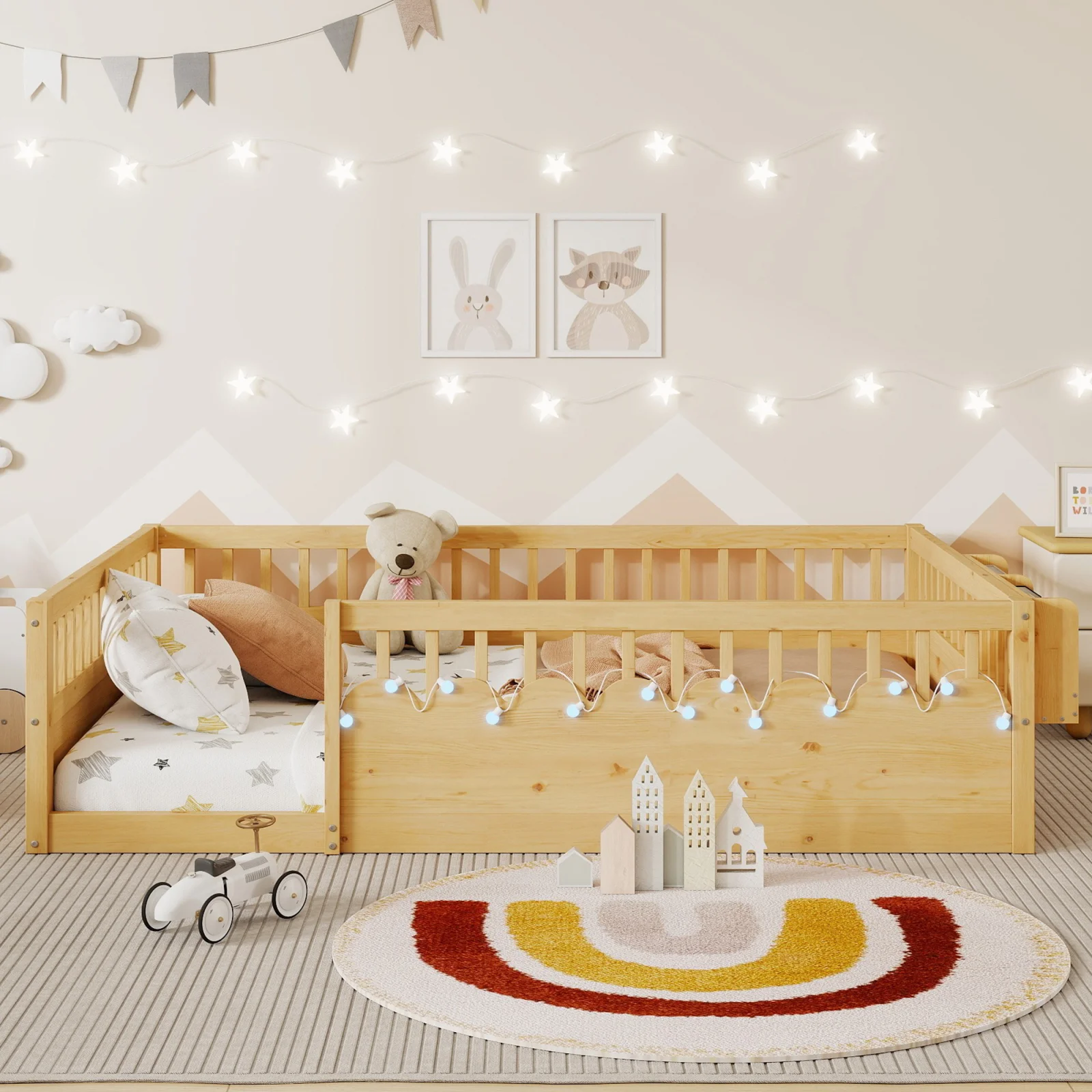 Full Montessori Floor Bed Frame with High Rails, Wood Kids Floor Beds with Light and Storage Shelf, Natural Expect Arrival Date 2025 8 15