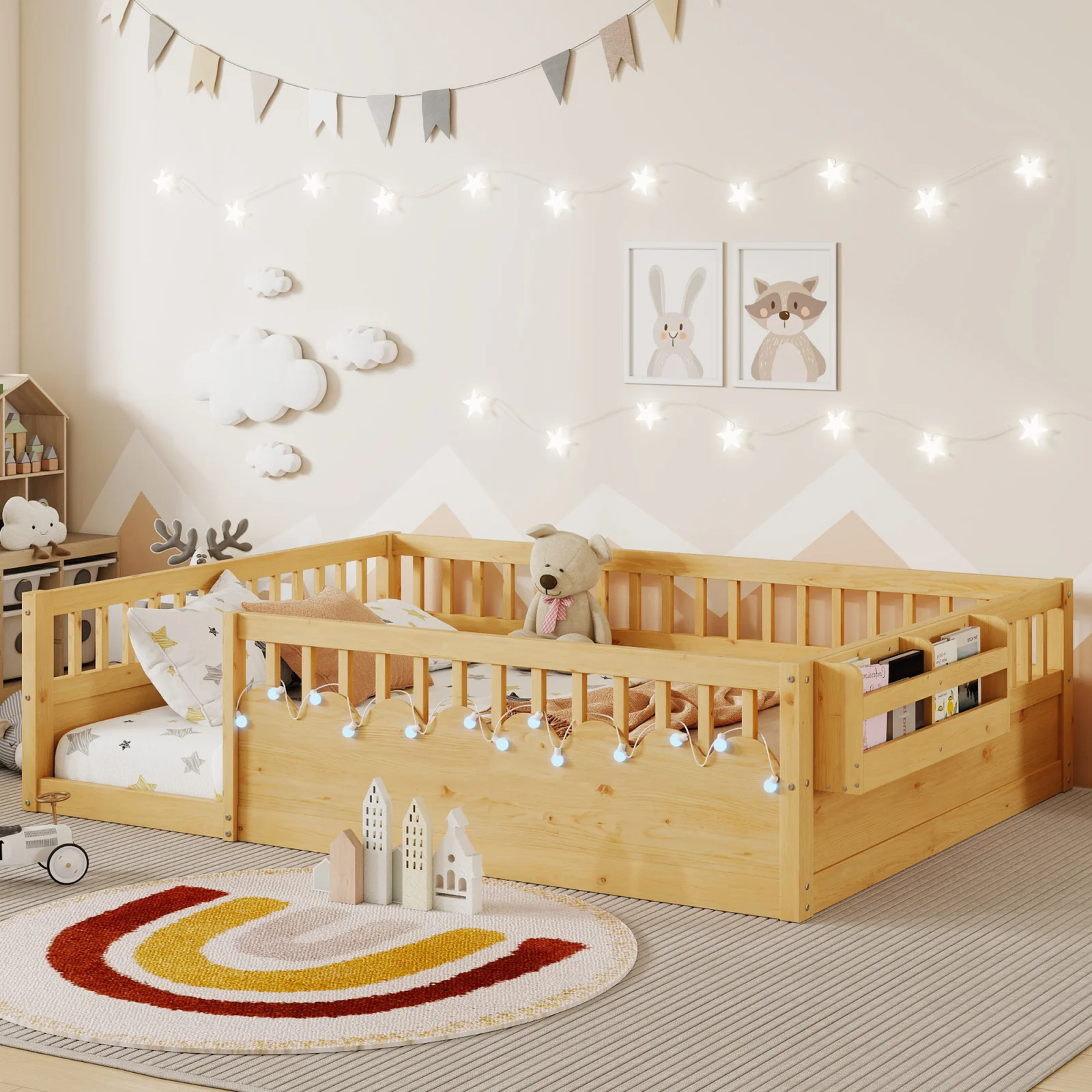 Full Montessori Floor Bed Frame with High Rails, Wood Kids Floor Beds with Light and Storage Shelf, Natural Expect Arrival Date 2025 8 15