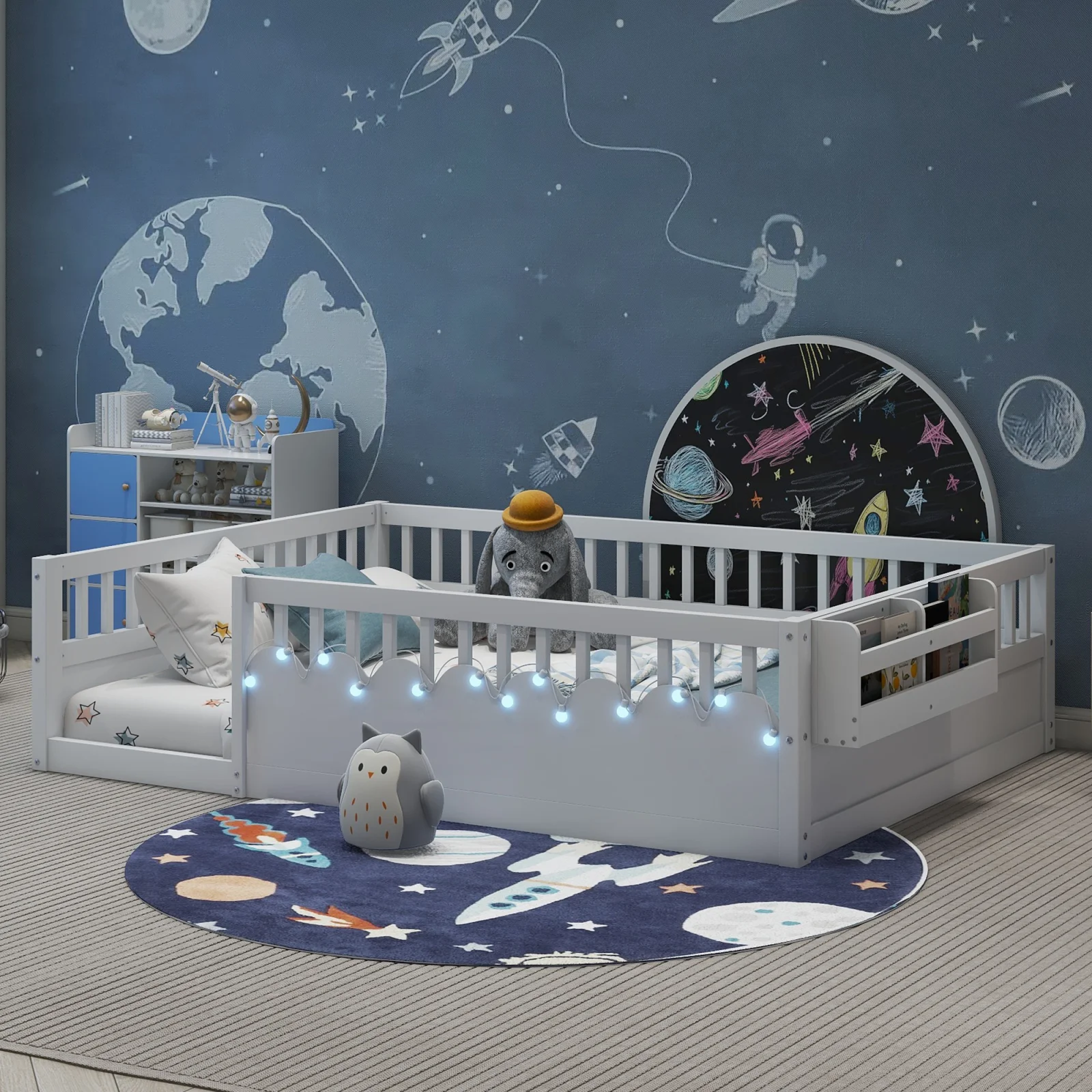 Full Montessori Floor Bed Frame with High Rails, Wood Kids Floor Beds with Light and Storage Shelf, White Expect Arrival Date 2025 8 15