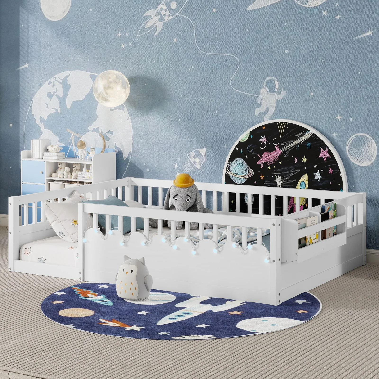 Full Montessori Floor Bed Frame with High Rails, Wood Kids Floor Beds with Light and Storage Shelf, White Expect Arrival Date 2025 8 15