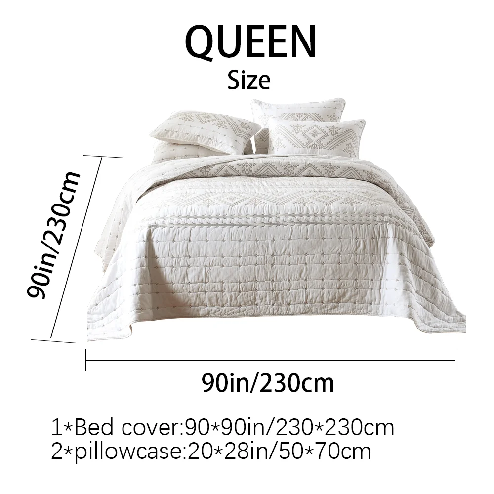 Full Queen King Cal King, Luxury Hotel Collection, No Clumping Snap-resistant Pre-shrunk Envelope Closure Shams White & Beige Geometric Embroidery Quilted Bedspread Set Cotton Filled Reversible