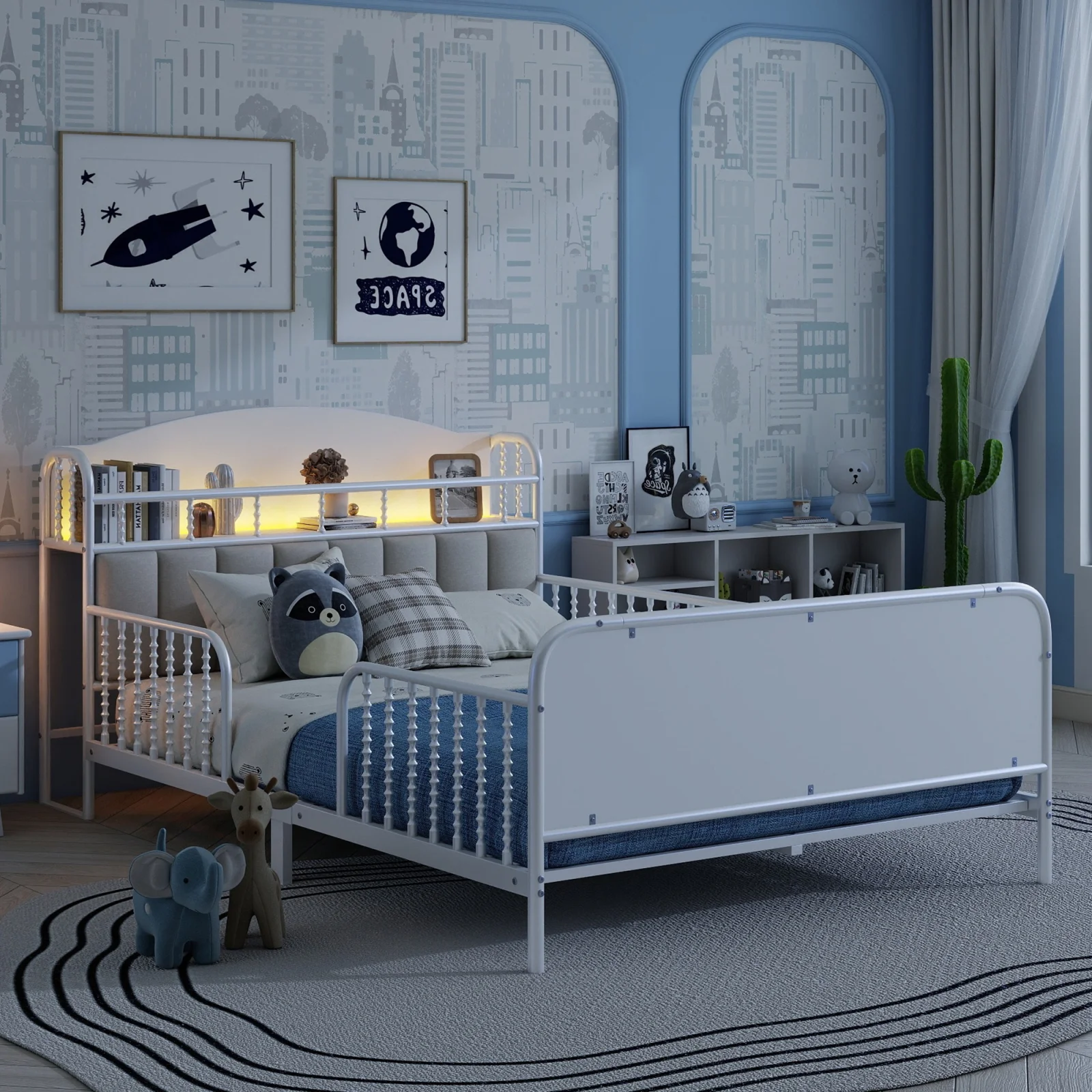 Full Size Metal Platform Bed Frame with Light, Kids Full Metal Bed with Upholstered and Storage Headboard, White Expect Arrival Date 2025 10 5