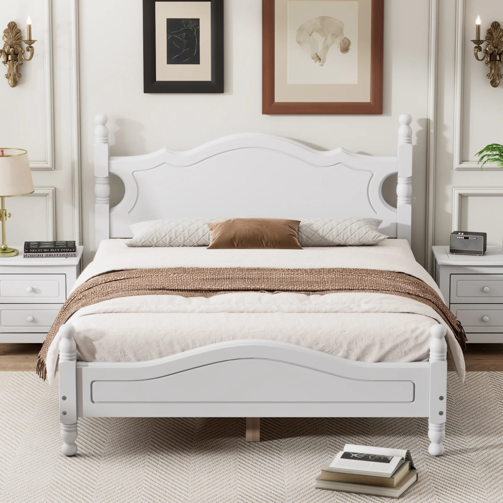 Full Size Wood Platform Bed Frame,retro Style Platform Bed with Wooden Slat Support,white
