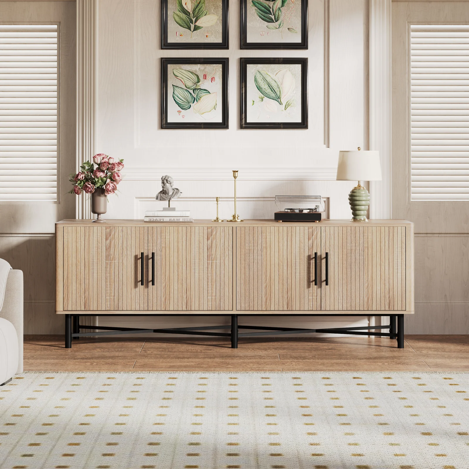 Functional 4-door Tv Cabinet 2 Storage Spaces, Adjustable Shelves, Ideal for Living Room Organization, Natural