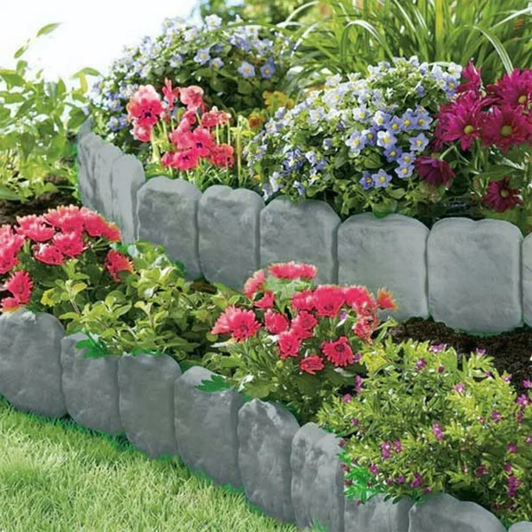 Flexible Imitation Stone Garden Edging, Gray Plastic Lawn Border for Flower Beds
