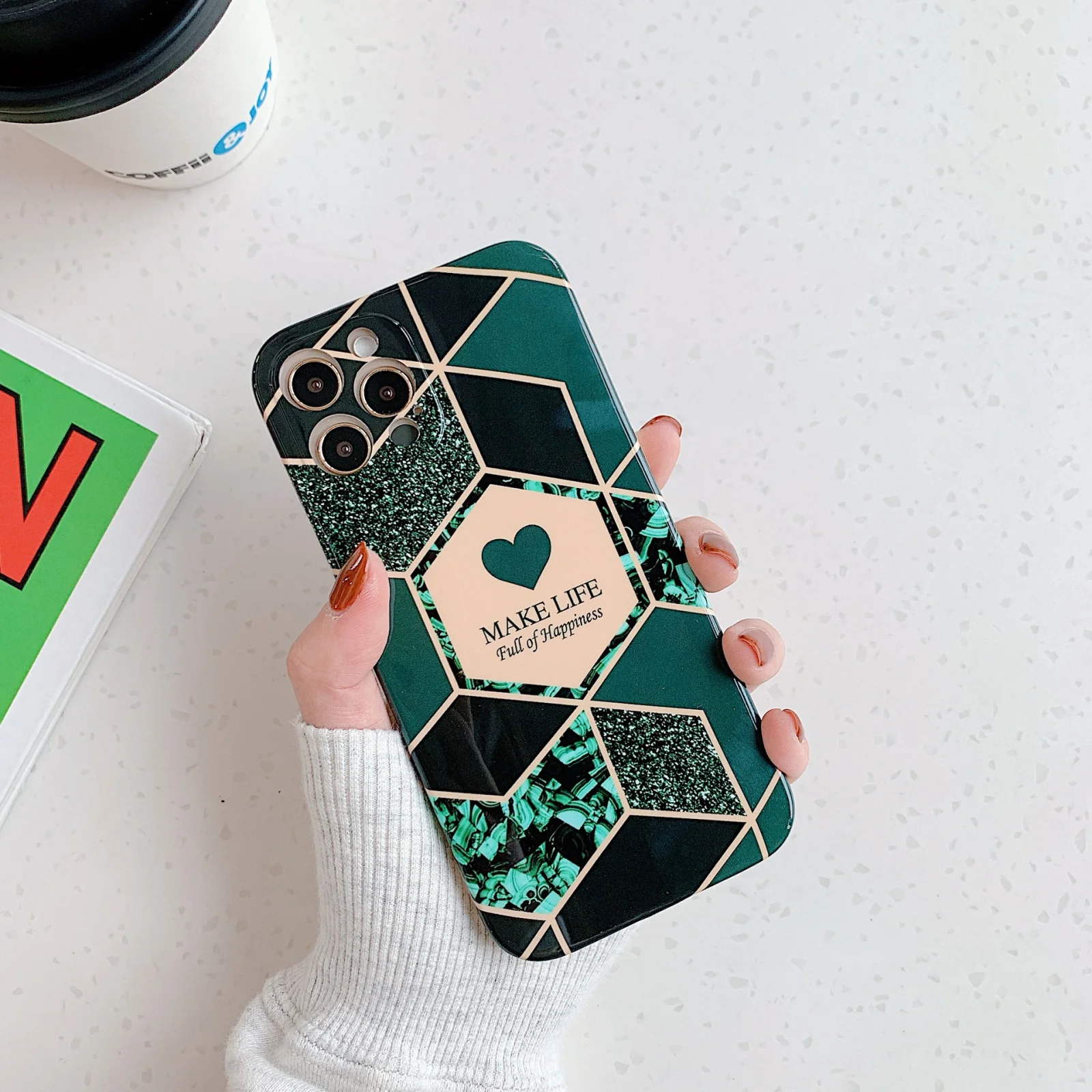 Geometric Love Stitching Marble Phone Case