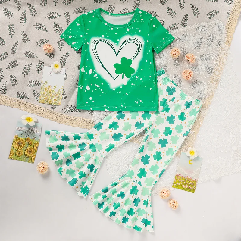 Girl's Clover Print 2-Piece Set – Short Sleeve T-Shirt & Flare Leg Pants for Spring & Summer