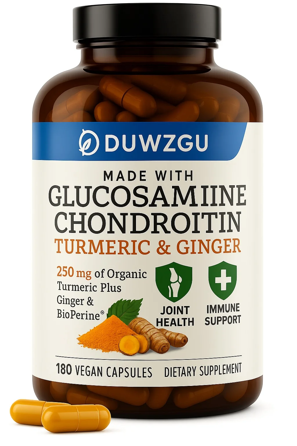 Glucosamine Chondroitin Ginger Yellow Tablets - Joint Support Supplement with Turmeric, 180 Tablets per Bottle
