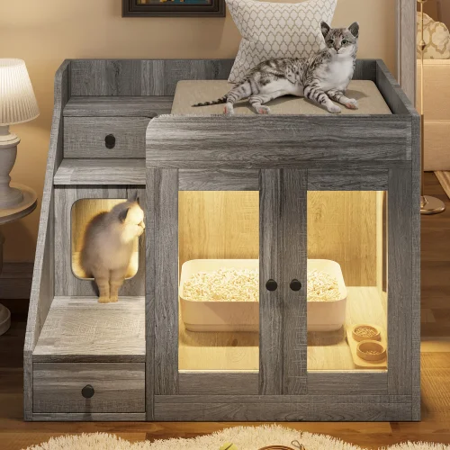 Go Cat Litter Box Enclosure with Light , Hidden Litter Box Furniture with 2 Storage Drawers, Indoor Cat House Side Table for Living Room