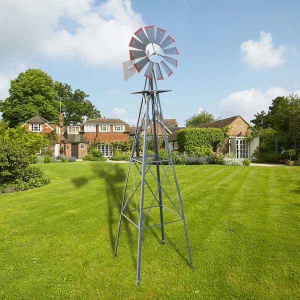Gray and Red 4‑Pod Standing Windmill – 8 ft Steel Wind Vane for Garden