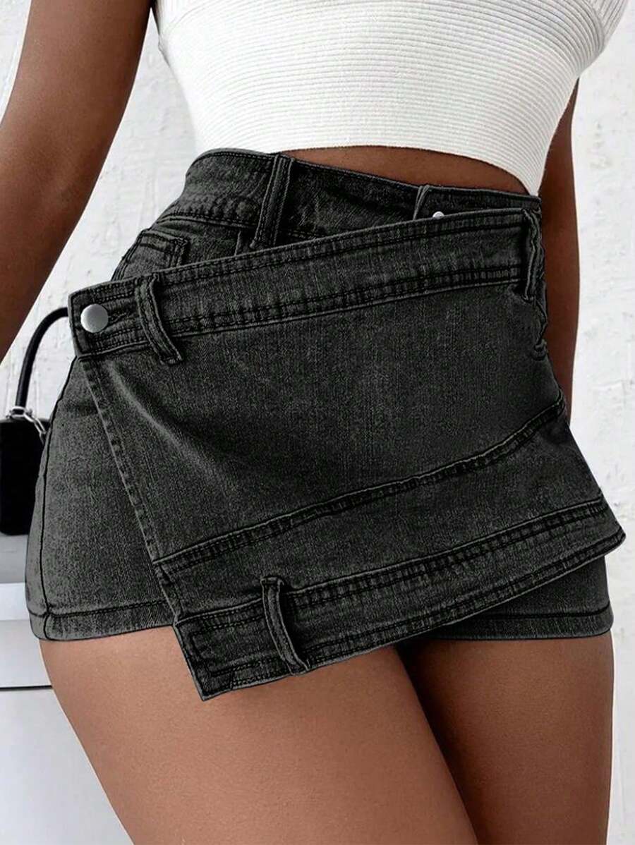 Grunge Punk Street New Vintage Stretchy Overlap Waist Wrap Asymmetric Hem A-line Skinny Denim Skorts Halloween Clothes Jeans