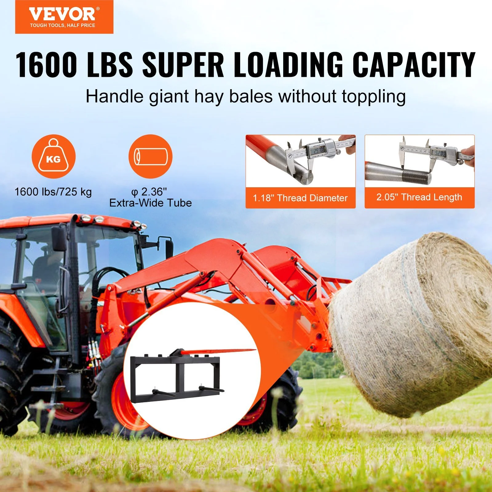 Hay Spear, Bale Spears 1600lbs Loading Capacity, Skid Steer Loader Tractor Attachment with 2pcs Stabilizer Spears, Quick Attach Spike Forks