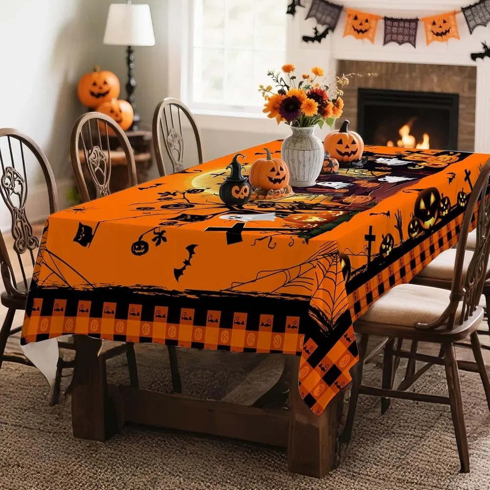 Hexagram Halloween Tablecloth – Pumpkin & Castle Ghost Design, 60x84" Shiny Polyester