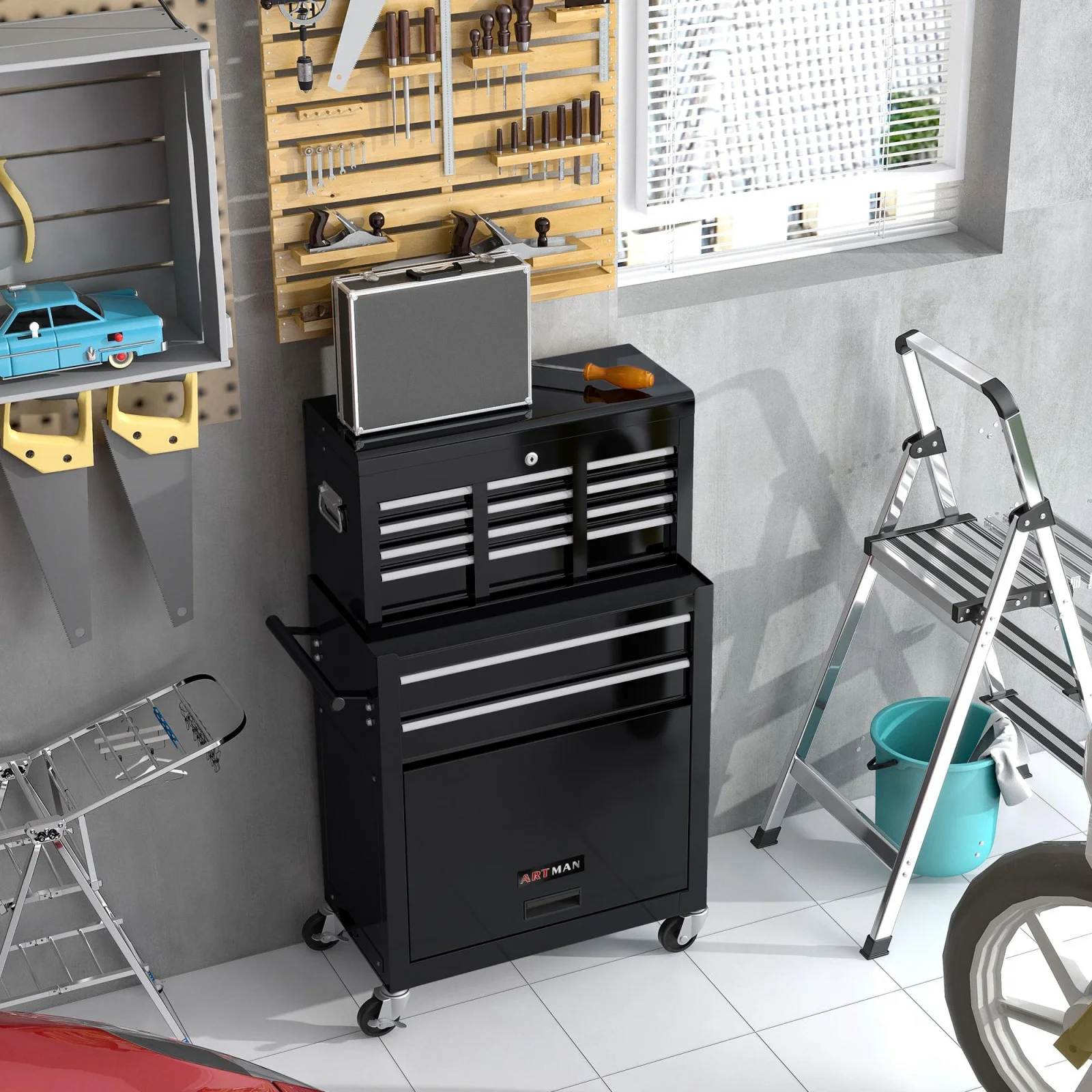 High Capacity Rolling Tool Box with Wheels, 8 Drawer Heavy Duty Cabinet