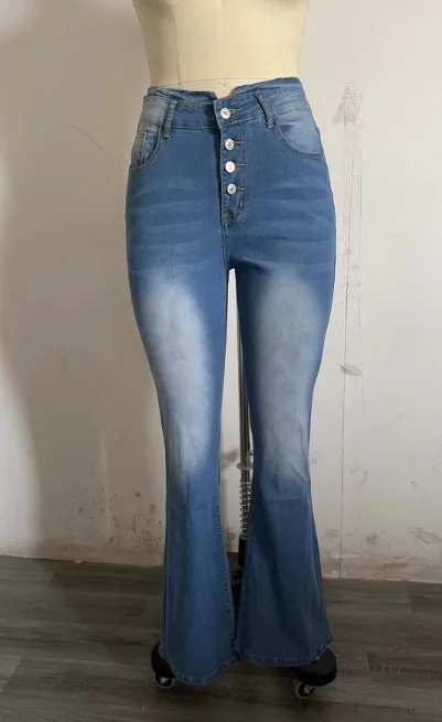 High Waist Bell Bottom Jeans Trendy Wear Washed Out Street Style Women's Denim Pants