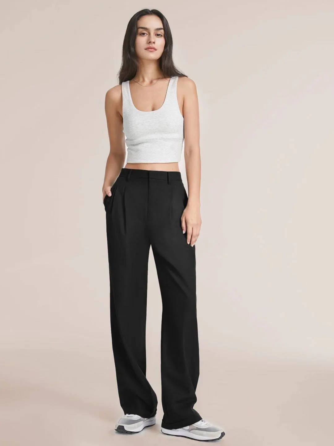 High Waist Straight Trousers with Pockets Wide Leg Casual Pants for Women