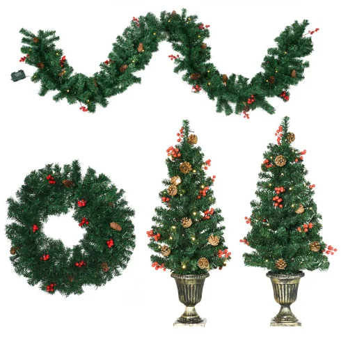Homcom Prelit Holiday Christmas 4-piece Set, Garland Wreath and Set of 2 Entrance Trees with Warm White Led Lights, Red Berries, Pine Cones, Green