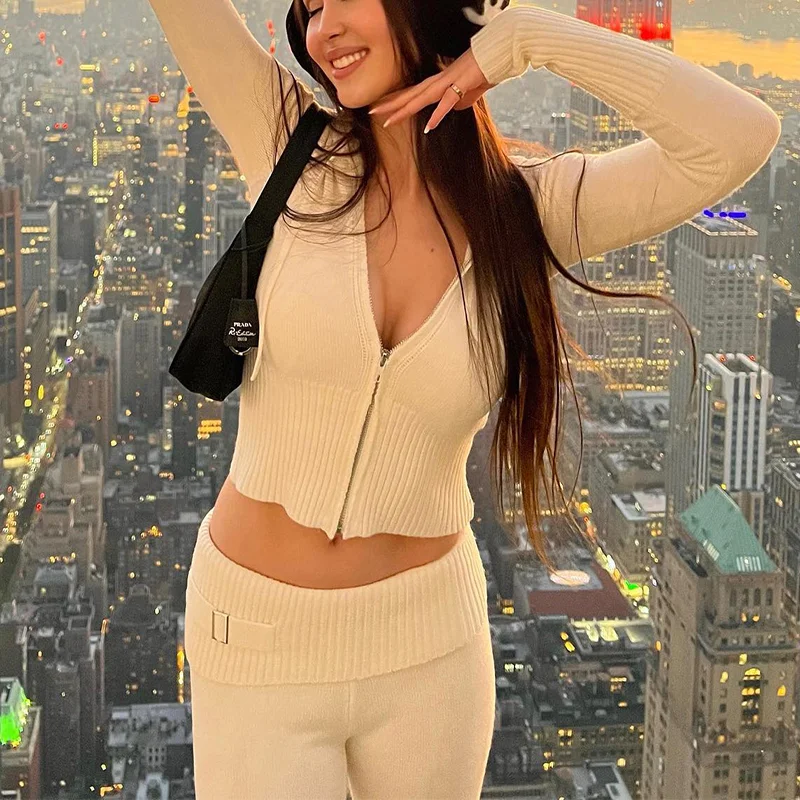 Hoodie Suit Sports Leisure Sexy Zip Long Sleeve Sweater and High Waist Long Pants Set Women's Clothing