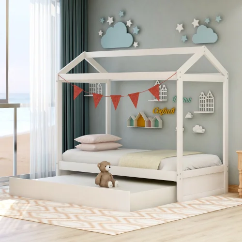 House Bed with Trundle, Can Be Decorated,white