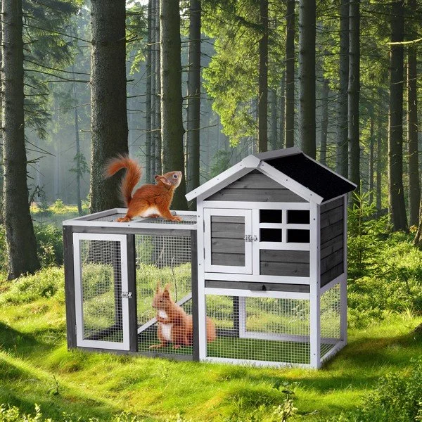 House Type with Ladder Gray Fir Wood Chicken Rabbit Cage