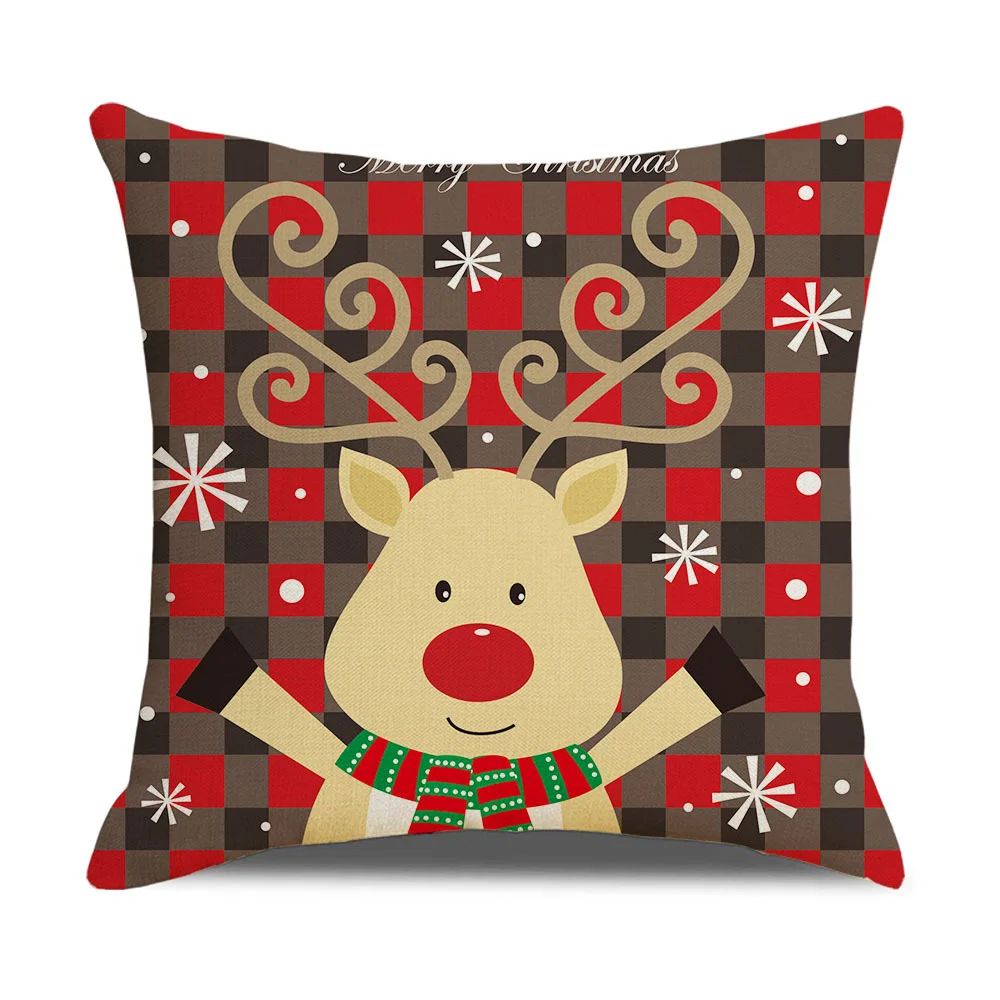 Household Cartoon Linen Christmas Plaid Pillowcase